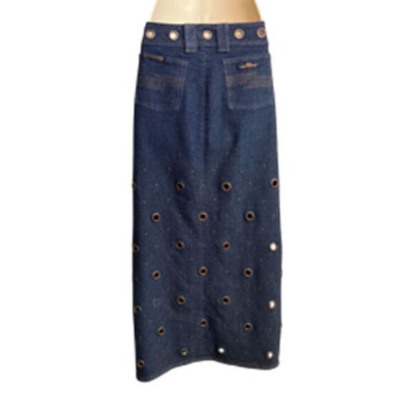 Jordache Vintage 90's Dark Blue Wash Denim Grommet Maxi Skirt Size 5 - Picture 5 of 14